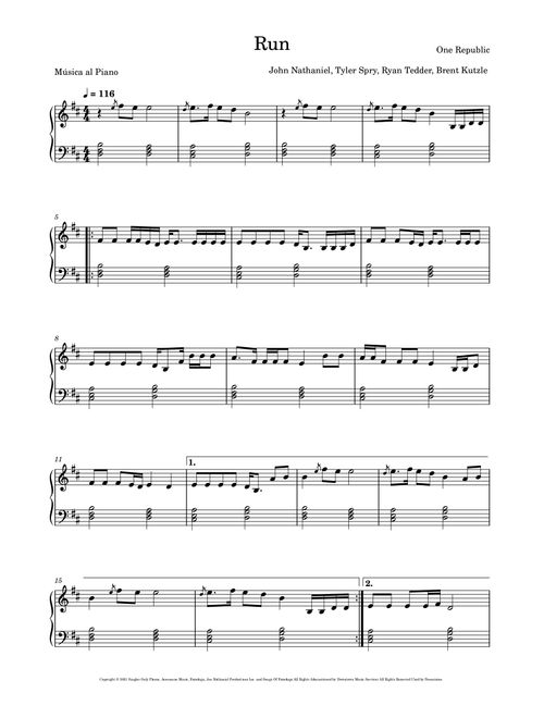 Run (Arr. Música al Piano) - One Republic (Easy Piano)