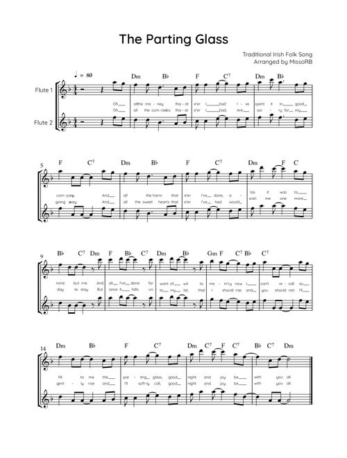 The Parting Glass - Flute Duet in F - Easy With Chords & Lyric (Arr. MissoRB) - Traditional Irish Folk Song (Flute Duet)