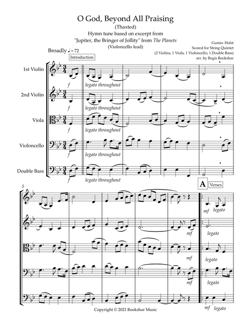 O God, Beyond All Praising (Thaxted) (Bb) (String Quintet - 2 Violins, 1 Viola, 1 Cello, 1 Bass) (Vi (Arr. Regis Bookshar) - Gustav Holst (String Ensemble)