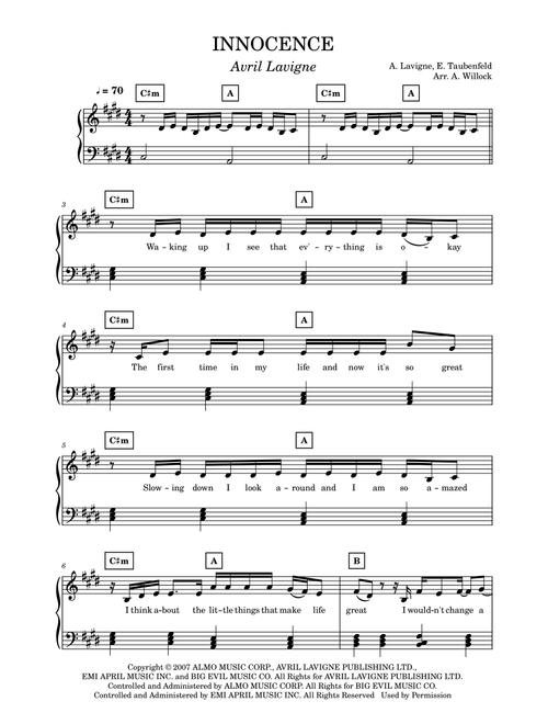 Innocence (Arr. Amy's Music Nook) - Avril Lavigne (Piano-Vocal-Guitar)
