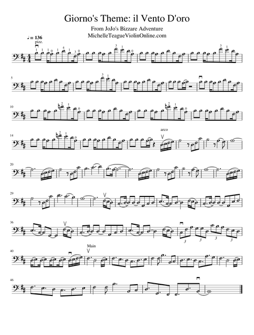 Il Vento D'oro Golden Wind Giorno's Theme Cello Easy