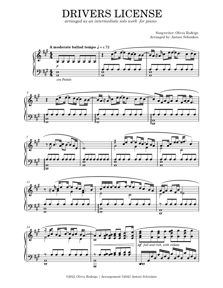 Drivers License Olivia Rodrigo Sheet music for Piano Solo Musescore