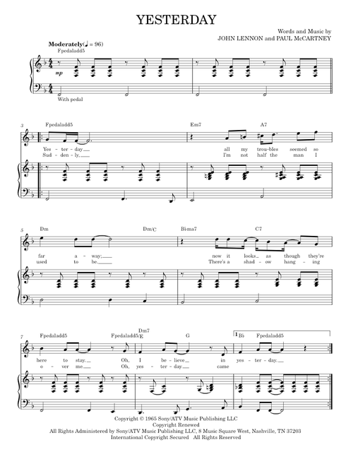 Yesterday - John Lennon, Paul McCartney, The Beatles (Piano Vocal)