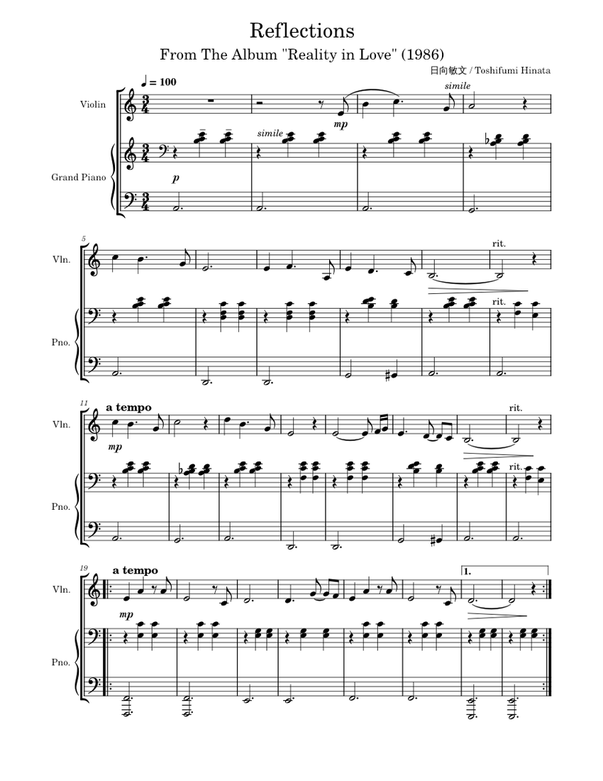 Reflections 日向敏文 / Toshifumi Hinata Sheet music for Piano, Violin