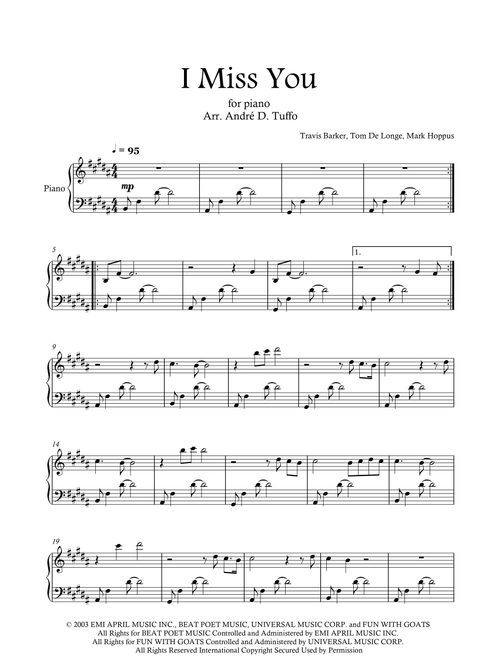 I Miss You (Arr. Andre D. Tuffo) - Blink-182 (Piano Solo)
