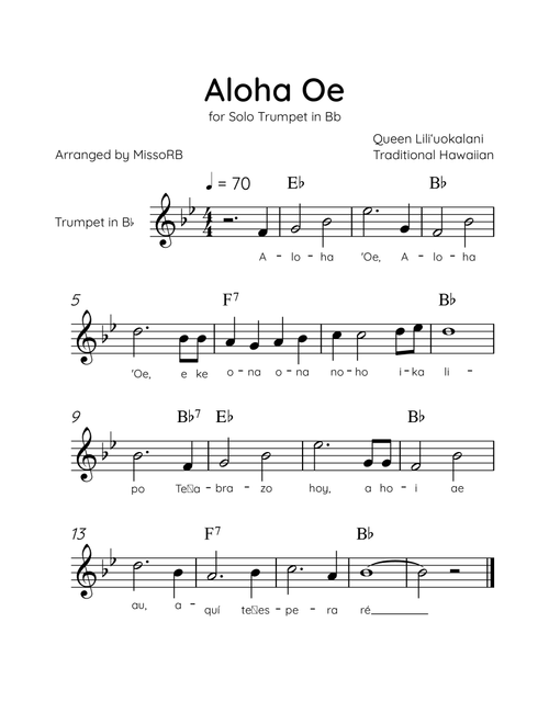 Aloha Oe - Solo Trumpet in Bb in Ab Major Easy With Lyrics & Chords (Arr. MissoRB) - Queen Liliʻuokalani (Trumpet Solo)