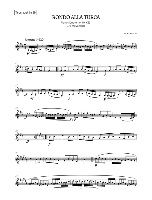Rondo Alla Turca (Turkish March) • trumpet sheet music (Arr. Benzaiten Editions) - Wolfgang Amadeus Mozart (Trumpet Solo)