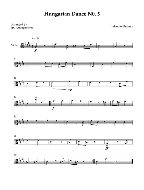 Hungarian Dance No. 5 for Viola - key of C#m (Arr. Jps Arrangements) - Johannes Brahms (Viola Solo)