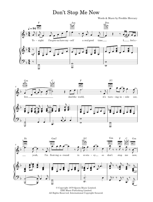 Don't Stop Me Now - Queen (Piano-Vocal-Guitar (Piano Accompaniment))