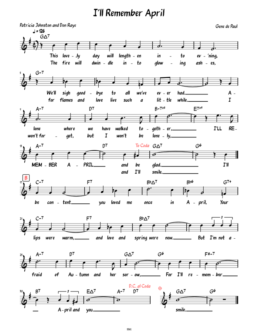 I'll Remember April (Lead sheet with lyrics ) Sheet music for Piano