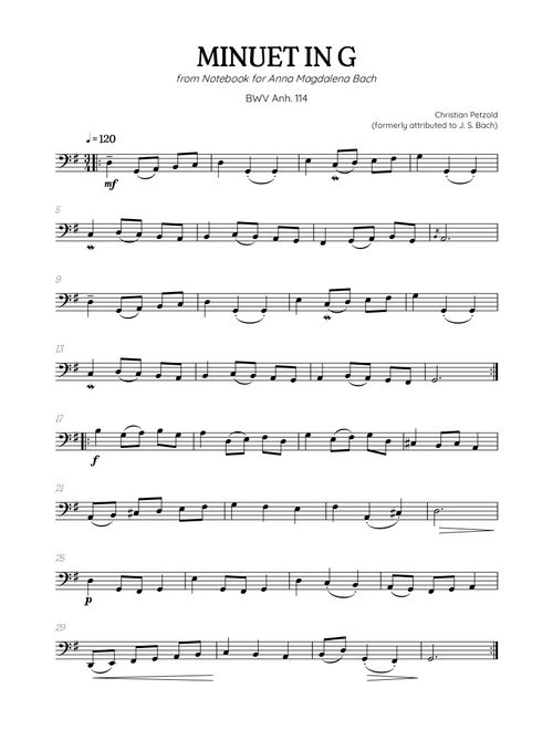 Petzold (Bach) Minuet in G BWV Anh 114 | trombone solo (Arr. Benzaiten Editions) - Christian Petzold, Johann Sebastian Bach (Trombone Solo)