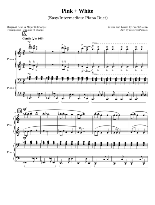 Pink + White - Frank Ocean (Easy/Intermediate Piano Duet)