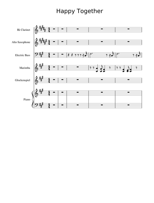 Happy Together- Bb Clarinet, Alto Saxophone, Bass Guitar and Mallet Percussion.