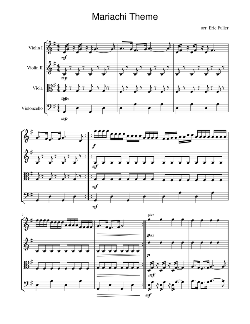 Mariachi Theme Sheet music for Violin, Viola, Cello (String Quartet