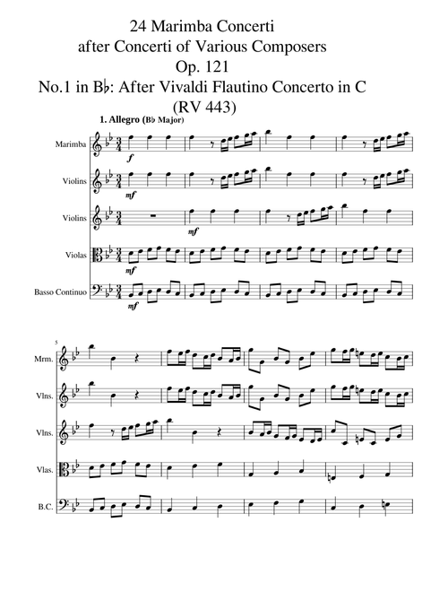 24 Marimba Concerti in All Keys after Various Composers (Op. 121) - No. 1 in Bb Major, after Antonio Vivaldi Flautino Concerto in C Major (RV 443)