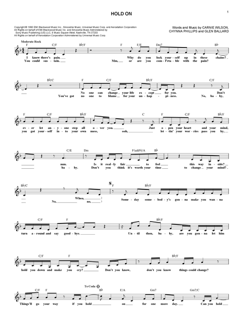 Hold On - Wilson Phillips (Lead Sheet - Fake Book)