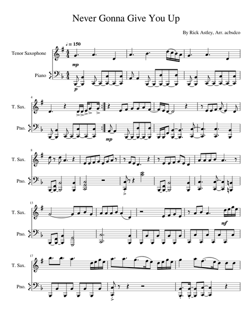 Never Gonna Give You Up - Tenor Sax + Piano Version