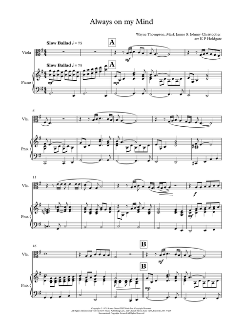 Always On My Mind (Arr. Kevin P Holdgate) - Elvis Presley (Viola and Piano)