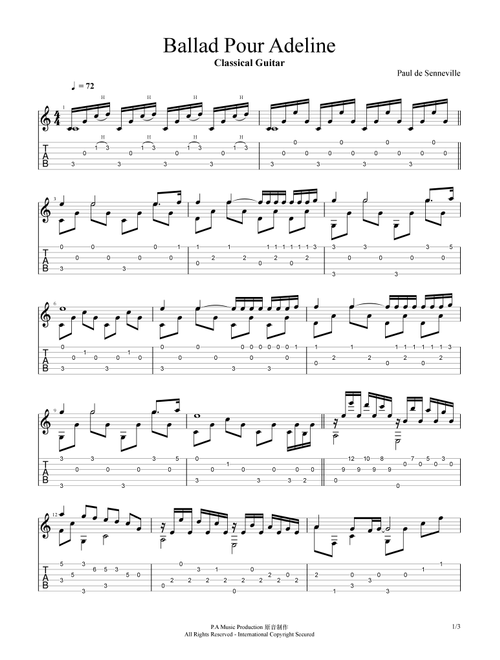 Ballad Pour Adeline- Classical Guitar (Arr. Vincent Ong) - Paul de Senneville (Guitar Tab)