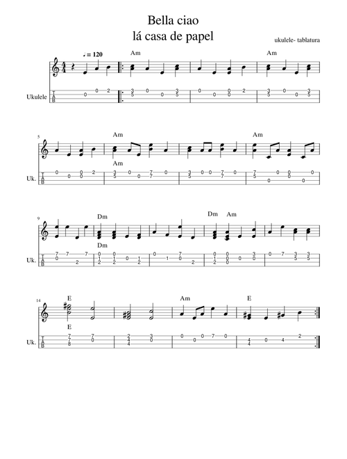 bellaciao -simples ukulele-tablatura