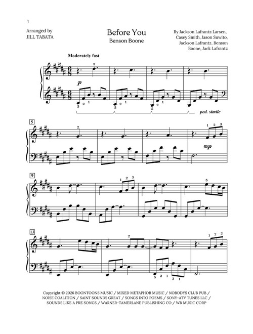 Before You (Arr. Jill Tabata) - Benson Boone (Piano Solo)