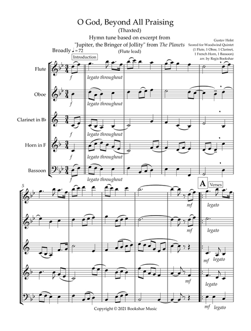 O God, Beyond All Praising (Thaxted) (Bb) (Woodwind Quintet - 1 Flute, 1 Oboe, 1 Clar, 1 Hrn, 1 Bass (Arr. Regis Bookshar) - Gustav Holst (Woodwind Ensemble)