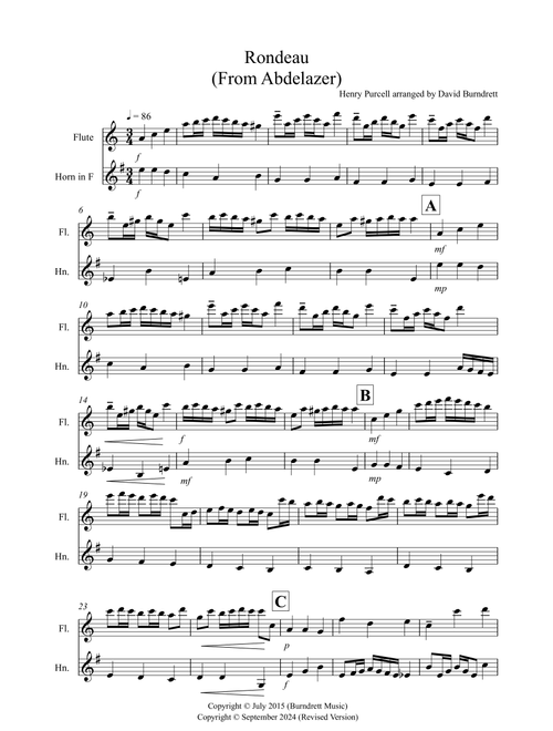 Rondeau (from Abdelazer) for Flute and Horn Duet (Arr. David Burndrett) - Henry Purcell (Instrumental Duet)