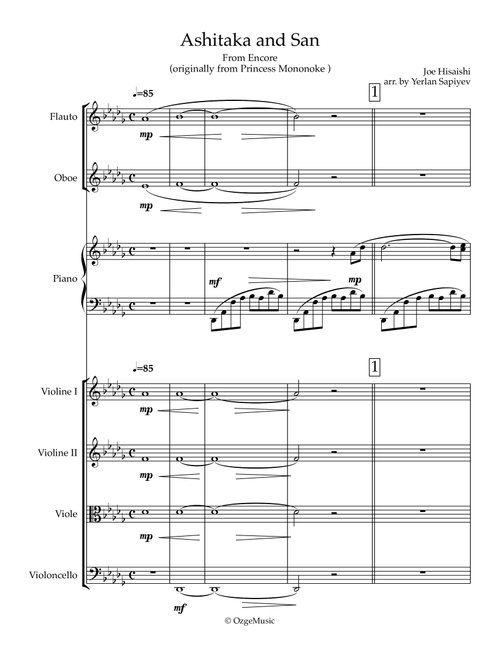 Ashitaka and San (Arr. Yerlan Sapiyev) - Joe Hisaishi (Small Ensemble)