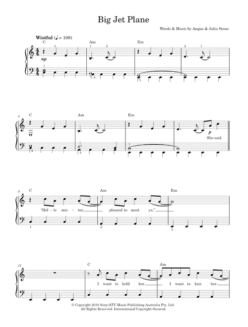 Big jet plane - Angus & Julia Stone (Easy Piano)
