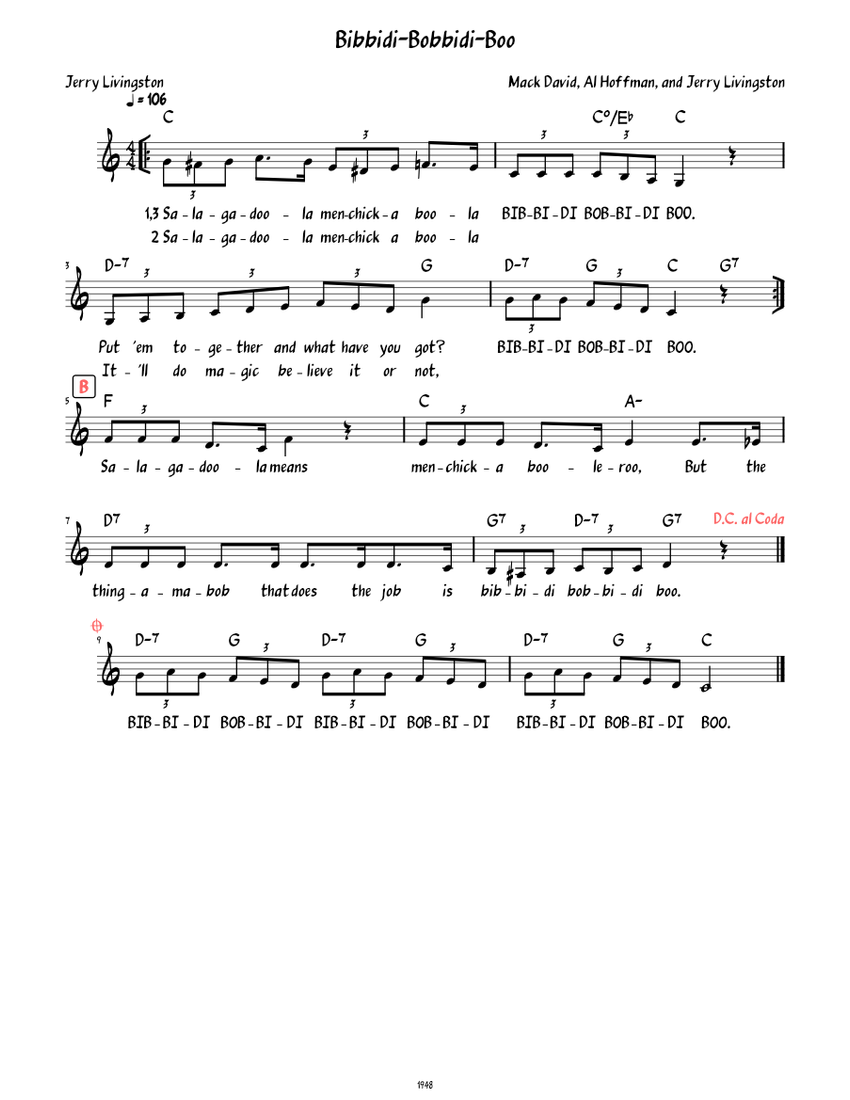 Bibbidi-Bobbidi-Boo (Lead sheet with lyrics ) Sheet Music for Piano ...