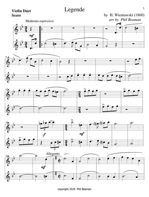 Legende-Wieniawski-Violin duet (Arr. Phil Beaman) - H Wieniawski (Violin Duet)