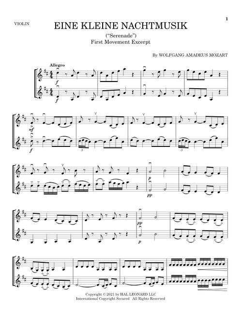 Eine Kleine Nachtmusik ("Serenade"), First Movement Excerpt - Wolfgang Amadeus Mozart (Violin Duet)