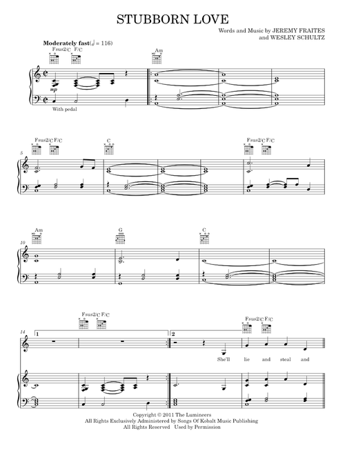 Stubborn love - The Lumineers (Piano-Vocal-Guitar)