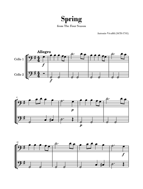 Spring from 'The Four Seasons' by Vivaldi - Easy Cello Duet (Arr. Gisele Sant'Ana) - Antonio Vivaldi (Cello Duet)