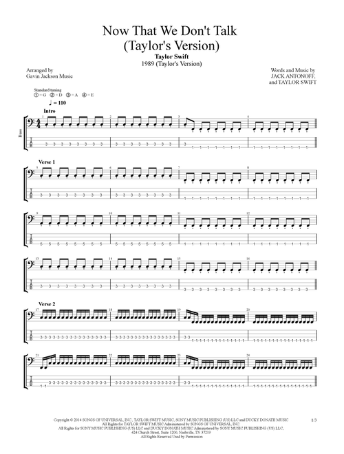 Now That We Don't Talk (Arr. Gavin Jackson Music) - Taylor Swift (Bass Tab)