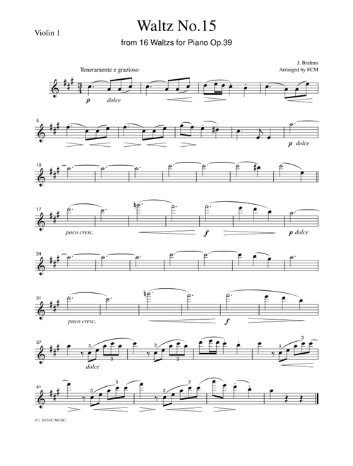 Brahms  Waltz No.15 from Waltzs for Piano Op.39, for string quartet, CB306 (Arr. FCMUSIC) (String Quartet)