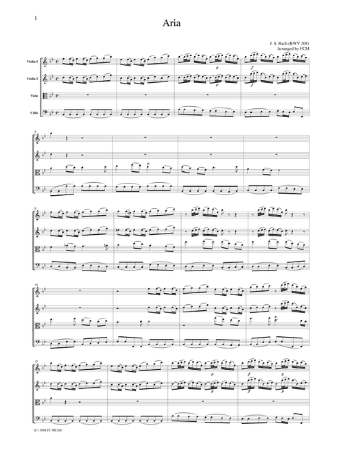 J.S.Bach  Aria "Sheep may safely graze" from Hunt Cantata BWV208, for string quartet, CB201 (Arr. FCMUSIC) (String Quartet)