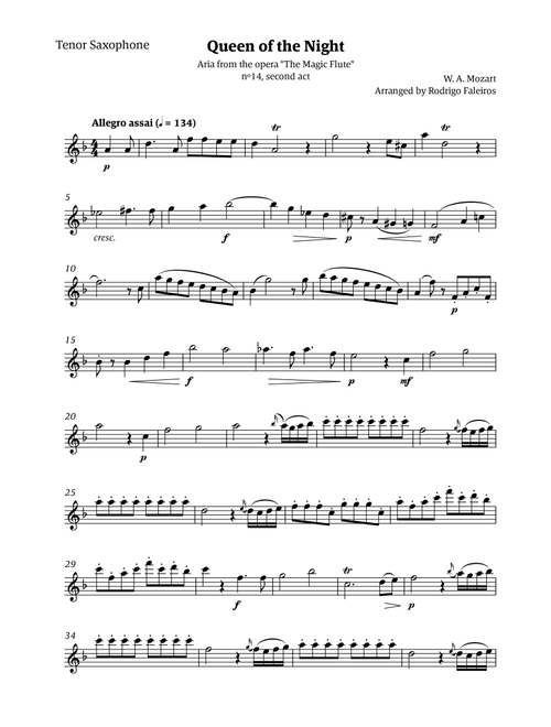Queen of the Night - for solo tenor saxophone (Arr. Rodrigo Faleiros) - Mozart, W A Mozart (Tenor Sax Solo)