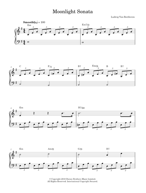 Moonlight Sonata (Mondscheinsonate), First Movement, Op. 27, No. 2 - Ludwig van Beethoven (Easy Piano)
