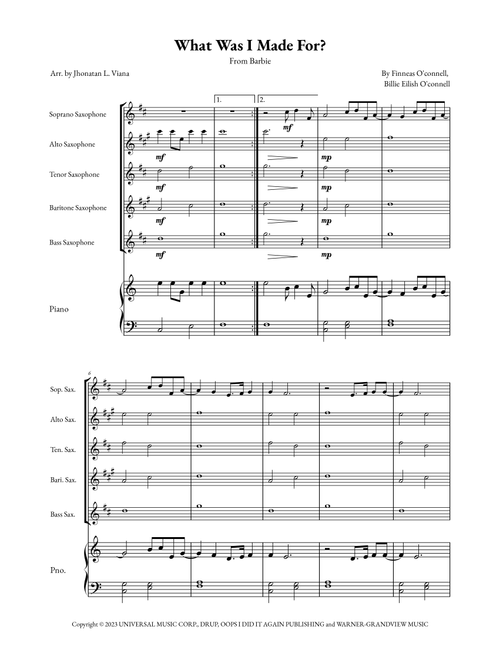 What Was I Made For? (Arr. Jhonatan Lucio Viana) - Billie Eilish (Small Ensemble)