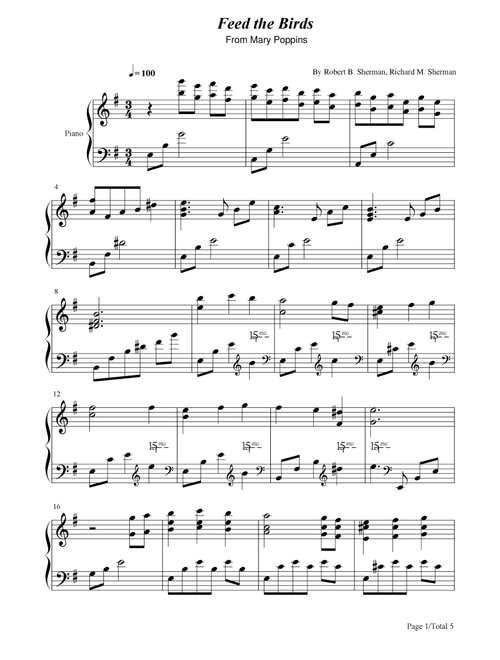 Feed The Birds (tuppence A Bag) (Arr. poon) - Richard M Sherman, Robert B Sherman (Piano Solo)