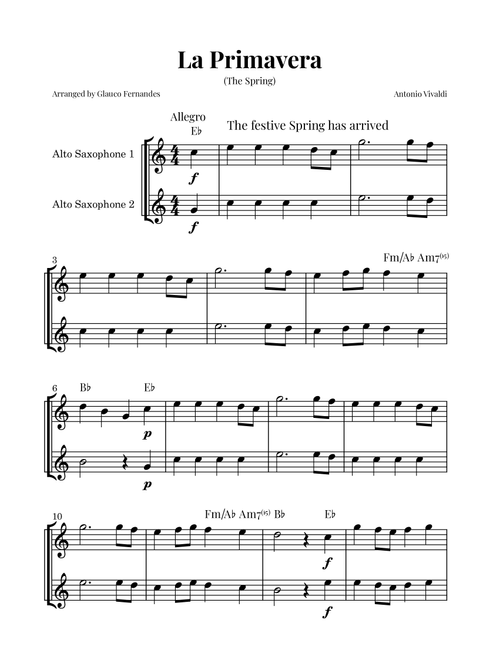 La Primavera (The Spring) by Vivaldi - Alto Saxophone Duet with Chord Notations (Arr. Glauco Fernandes) - Antonio Vivaldi (Alto Saxophone Duet)