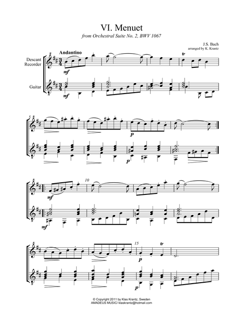Menuet Suite 2 BWV 1067 for descant recorder and guitar (Arr. K. Krantz) - J.S. Bach (Instrumental Duet)