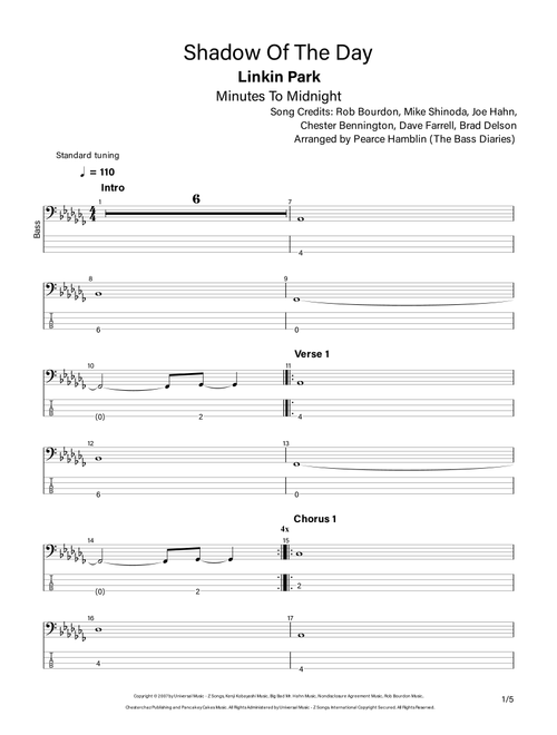Shadow Of The Day (Arr. The Bass Diaries) - Linkin Park (Bass Tab)