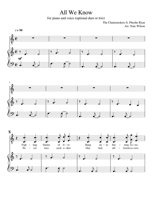 All We Know - The Chainsmokers ft. Phoebe Ryan (for piano)