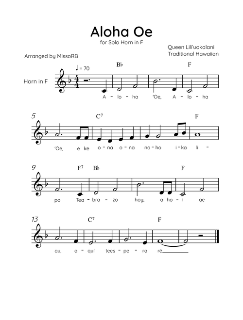 Aloha Oe - Solo Horn in F in Bb Major Easy With Lyrics & Chords (Arr. MissoRB) - Queen Liliʻuokalani (French Horn Solo)