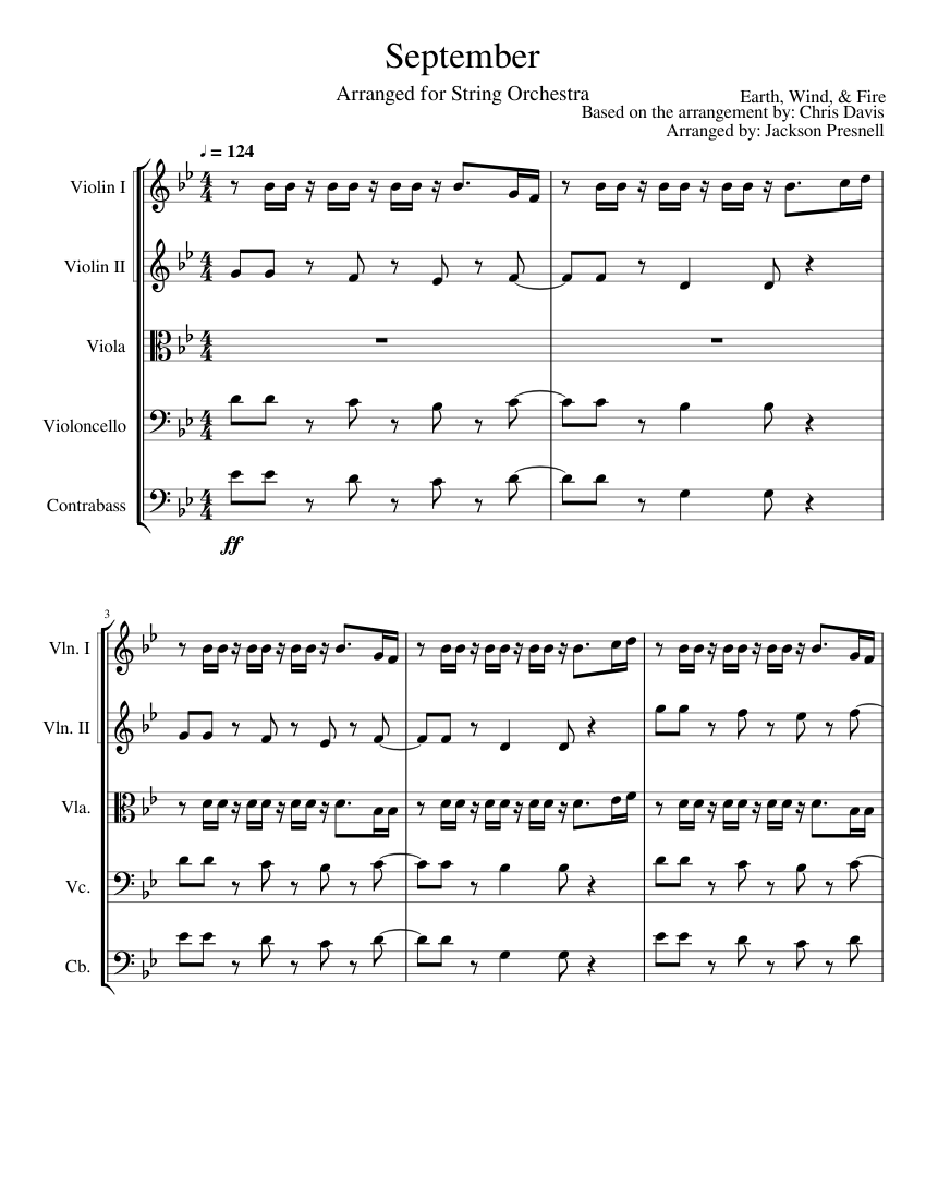 September Sheet Music for Contrabass, Violin, Viola, Cello (String ...