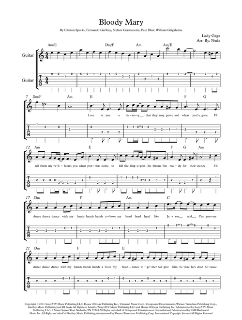 Bloody Mary (Arr. Arr. Neda) - Lady Gaga (Guitar Tab)