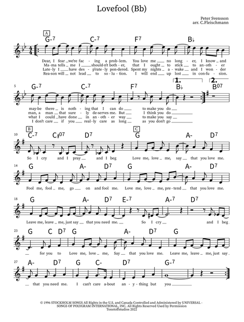 Lovefool (Arr. Christoph Fleischmann) - The Cardigans (Lead Sheet - Fake Book)
