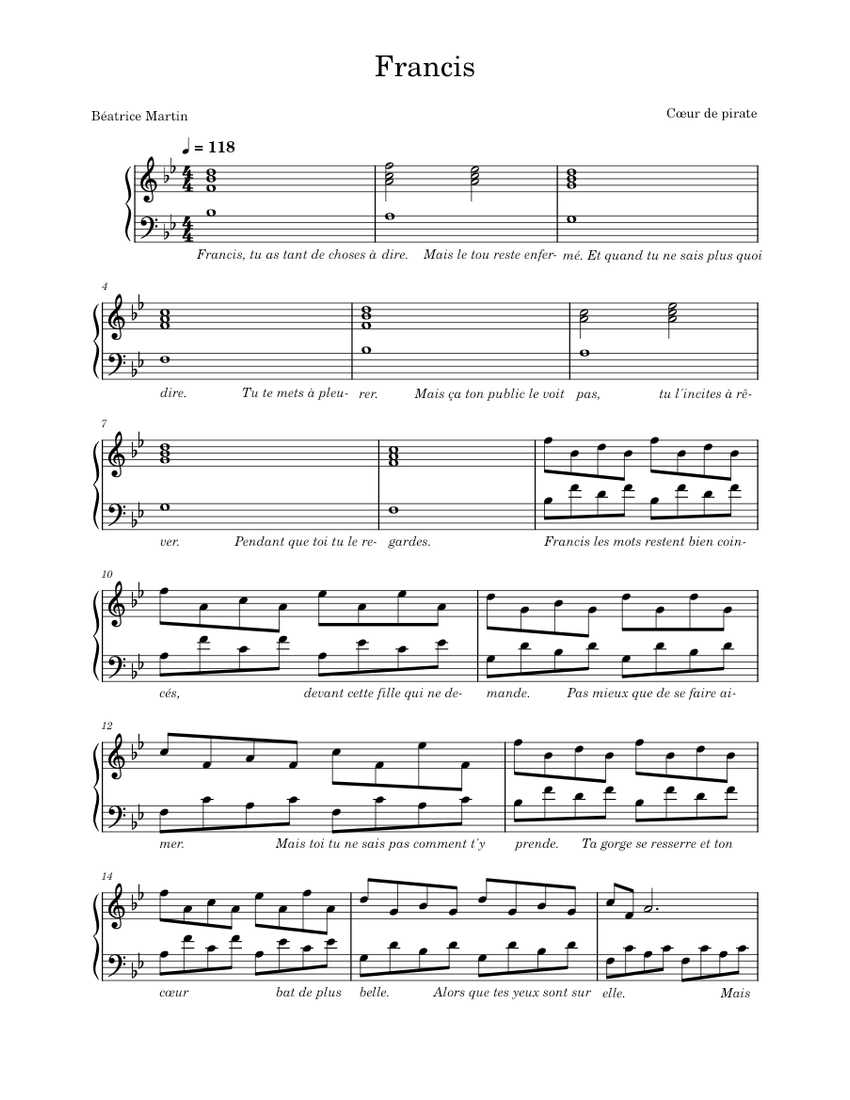 Francis Cœur de pirate Sheet music for Piano (Solo) Francis Cœur de pirate Sheet music for Piano (Solo)